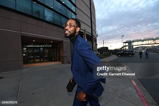 Will Barton of the Denver Nuggets arrives at the arena before the game against the Golden State Warriors on November 10, 2016 at the Pepsi Center in...