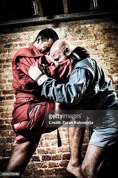 mma fighters during combat - sambo combat sport stock pictures, royalty-free photos & images