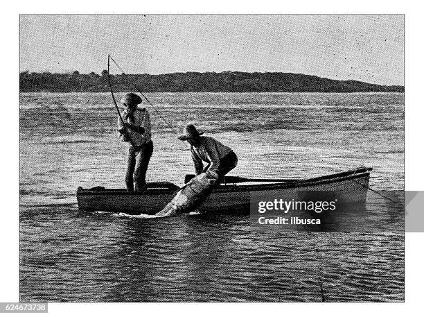 antique dotprinted photograph of hobbies and sports: tarpon fishing - spotted lake stock illustrations