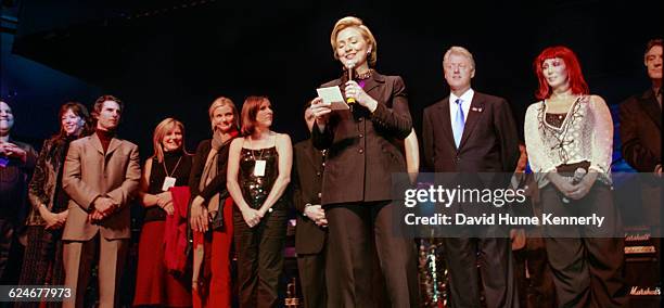 Former First Lady Hillary Clinton surrounded by family and celebrities during her 53rd birthday celebration at the Rosebud Club in New York City on...