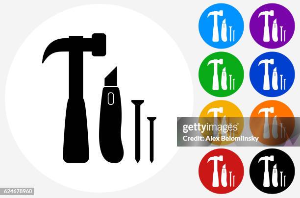 construction tools icon on flat color circle buttons - hammer and nails isolated stock illustrations