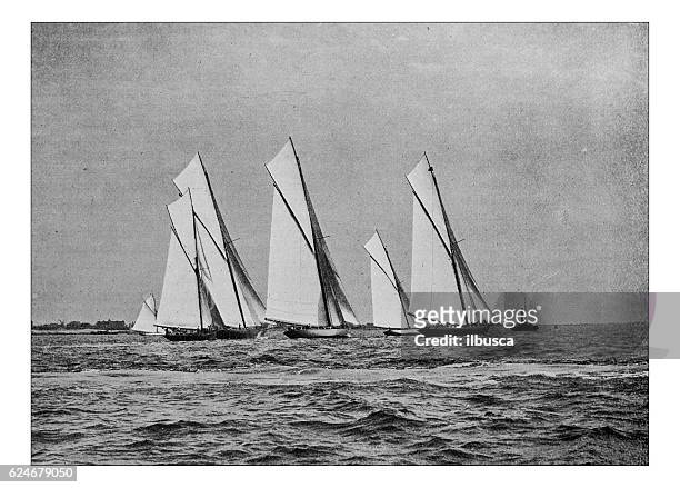 antike punktgedruckte fotografie von hobbys und sport: segelboot - sailboat racing stock-grafiken, -clipart, -cartoons und -symbole