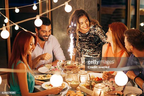 lot of birthday wishes - dinner party at home stock pictures, royalty-free photos & images