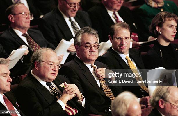 Congressman Barney Frank surround by fellow lawmakers during President Bill Clinton's State of the Union speech before a joint session of Congress on...