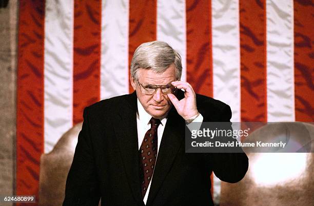 Speaker of the House Dennis Hastert next to his seat in the Congressional Chambers shortly before President Bill Clinton delivers his State of the...