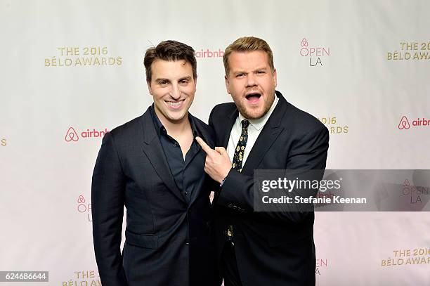 Founder & Chief Executive Officer, Airbnb, Brian Chesky and tv personality James Corden attends the Belo Awards at The Orpheum Theatre during Airbnb...