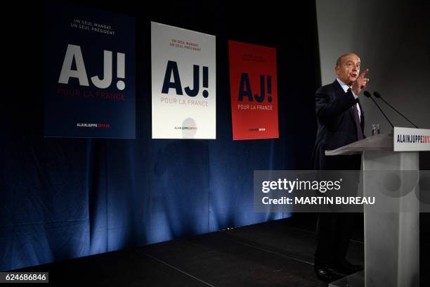 Candidate for the French right-wing presidential primary Alain Juppe delivers a speech at his campaign headquarters after the vote's first round, on...