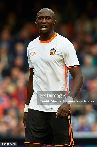 Eliaquim Mangala of Valencia reacts during the La Liga match between Valencia CF and Granada CF at Mestalla Stadium on November 20, 2016 in Valencia,...