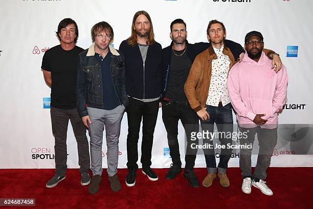 Members of Maroon 5 Matt Flynn, Mickey Madden, James Valentine, Adam Levine, Jesse Carmichael and PJ Morton during a meet and greet at Airbnb Open LA...