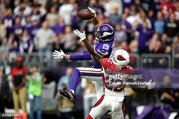 Tony Jefferson of the Arizona Cardinals defends a pass meant for Adam Thielen of the Minnesota Vikings during the second half of the game on November...