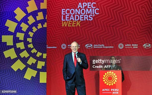 Peru's President Pedro Pablo Kuczynski speaks at the APEC closing press conference on the last day of the Asia-Pacific Economic Cooperation Summit in...