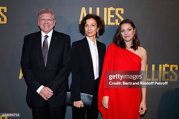 Director Robert Zemeckis, French Minister of Culture and Communication, Audrey Azoulay and actress Marion Cotillard attend the "Allied - Allies"-...