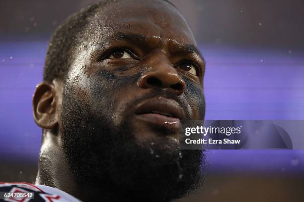 Martellus Bennett of the New England Patriots looks on from the sidelines against the San Francisco 49ers during their NFL game at Levi's Stadium on...