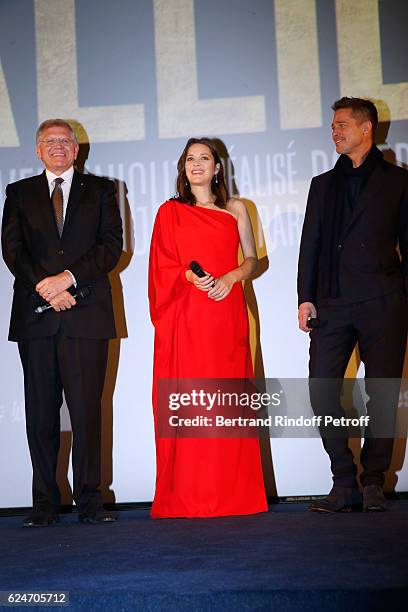 Director Robert Zemeckis, actors Marion Cotillard and Brad Pitt present the "Allied - Allies"- Paris Premiere at Cinema UGC Normandie on November 20,...