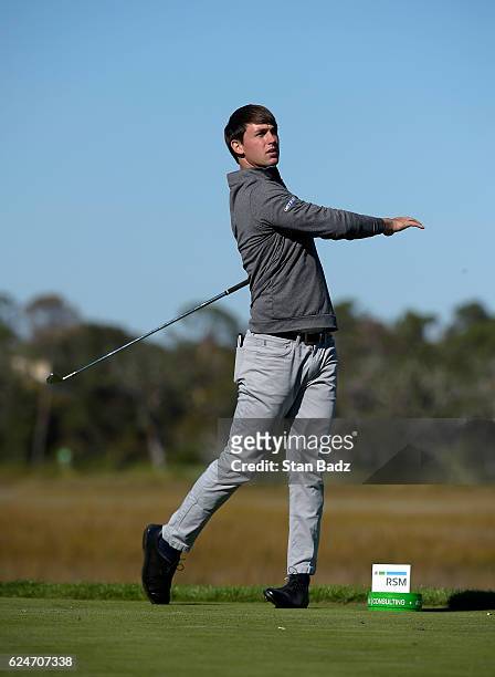 Ollie Schniederjans hits a tee shot on the eighth hole during the final round of The RSM Classic at Sea Island Resort Seaside Course on November 20,...