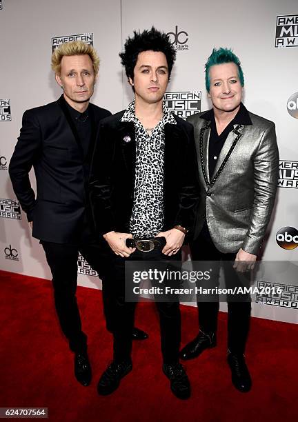 Musicians Mike Dirnt, Billie Joe Armstrong and Tre Cool of Green Day attend the 2016 American Music Awards at Microsoft Theater on November 20, 2016...