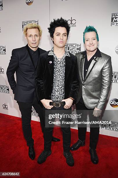 Musicians Mike Dirnt, Billie Joe Armstrong and Tre Cool of Green Day attend the 2016 American Music Awards at Microsoft Theater on November 20, 2016...