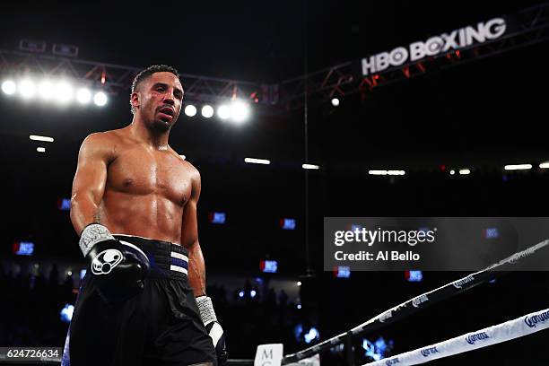 Andre Ward walks to his corner between rounds against Sergey Kovalev during their WBO/IBF/WBA Light Heavyweight Championship fight at T-Mobile Arena...