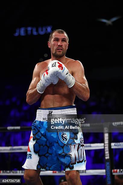 Sergey Kovalev in action against Andre Ward during their WBO/IBF/WBA Light Heavyweight Championship fight at T-Mobile Arena on November 19, 2016 in...