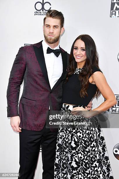 Player Bryce Harper and Kayla Varner attend the 2016 American Music Awards at Microsoft Theater on November 20, 2016 in Los Angeles, California.