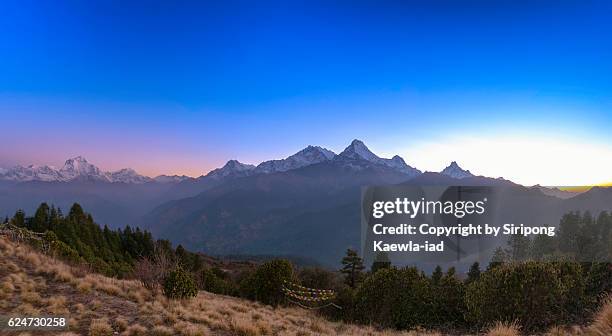 panoramic view of annapurna mountain range from poon hill viewpoint - base camp stock pictures, royalty-free photos & images