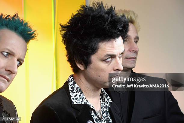 Musicians Tre Cool, Billie Joe Armstrong and Mike Dirnt of Green Day attend the 2016 American Music Awards at Microsoft Theater on November 20, 2016...