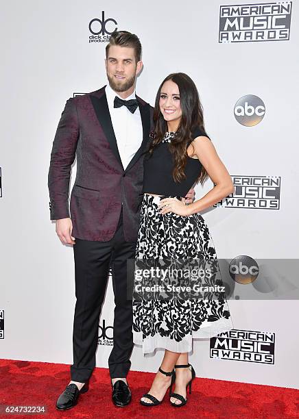 Player Bryce Harper and Kayla Varner attend the 2016 American Music Awards at Microsoft Theater on November 20, 2016 in Los Angeles, California.