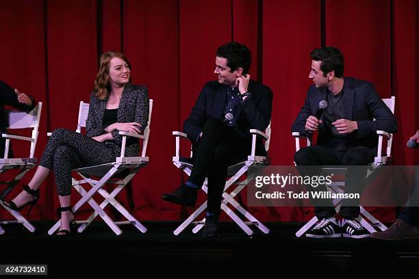 Actress Emma Stone, Film director Damien Chazelle and composer Justin Hurwitz speak onstage during the "La La Land" Screening during Airbnb Open LA -...