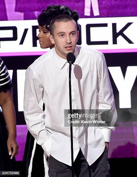 Musician Tyler Joseph of Twenty One Pilots accepts Favorite Pop/Rock Band/Duo/Group onstage during the 2016 American Music Awards at Microsoft...