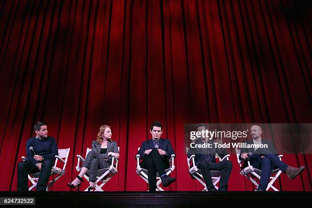 Dan Carver, actress Emma Stone, Film director Damien Chazelle, composer Justin Hurwitz and producer Fred Berger speak onstage during the "La La Land"...