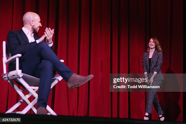 Producer Fred Berger and actress Emma Stone onstage during the "La La Land" Screening during Airbnb Open LA - Day 3 on November 19, 2016 in Los...