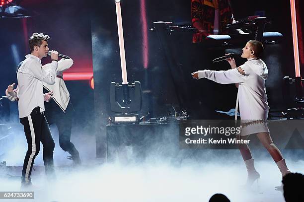 Singer Drew Taggart of The Chainsmokers and singer Halsey perform onstage during the 2016 American Music Awards at Microsoft Theater on November 20,...