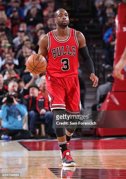 Dwyane Wade of the Chicago Bulls handles the ball during the game against the Portland Trail Blazers on November 15, 2016 at the Moda Center Arena in...