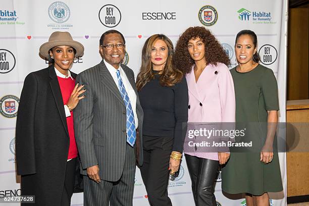 Kelly Rowland, Mayor of Baton Rouge Kip Holden, Tina Knowles-Lawson, Solange Knowles and Michelle Ebanks attend Love On Louisiana: An Essence...