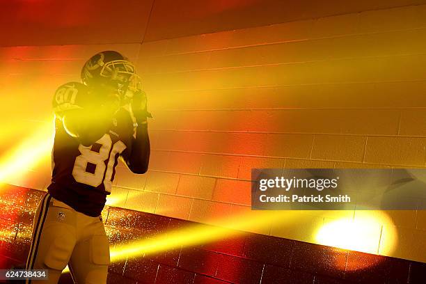 Wide receiver Jamison Crowder of the Washington Redskins walks to the field prior to a game against the Green Bay Packers at FedExField on November...