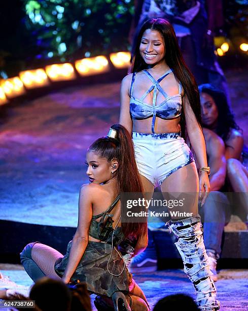 Singers Ariana Grande and Nicki Minaj perform onstage during the 2016 American Music Awards at Microsoft Theater on November 20, 2016 in Los Angeles,...