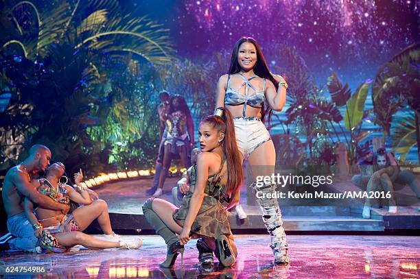 Singer Ariana Grande and rapper Nicki Minaj perform onstage at the 2016 American Music Awards at Microsoft Theater on November 20, 2016 in Los...