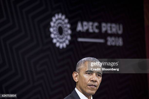 President Barack Obama pauses during a news conference at the Asia-Pacific Economic Cooperation 2016 CEO Summit in Lima, Peru, on Sunday, Nov. 20,...