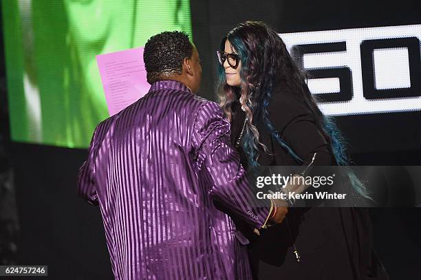 Alfred Jackson and Tyka Nelson accept Top Soundtrack for 'Purple Rain' on behalf of her brother, the late musician Prince, onstage during the 2016...