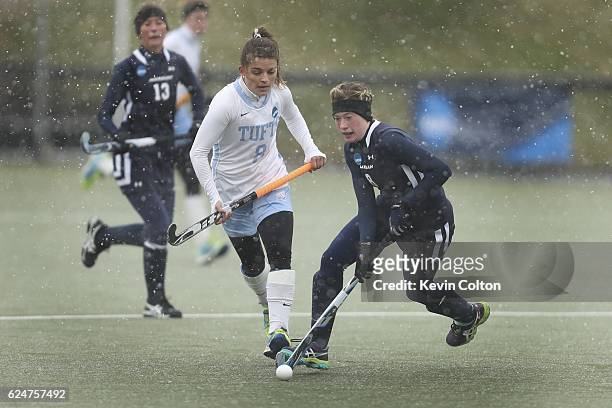Messiah's Taylor Holt and Tufts Mary Kate Patton battle for the ball during the Division III Women's Field Hockey Championship held at McCoy Field on...