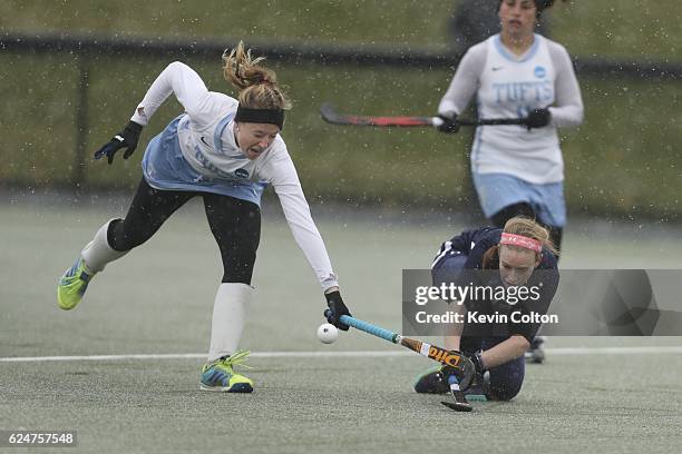 Messiah's Kristin Donohue and Tufts Mary Travers battle for the ball during the Division III Women's Field Hockey Championship held at McCoy Field on...