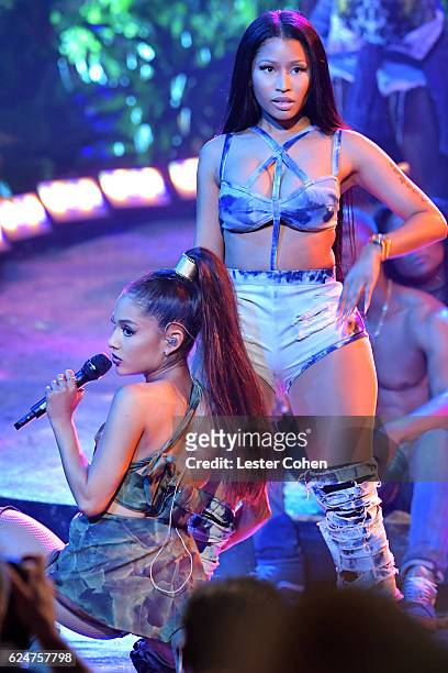 Recording artists Ariana Grande and Nicki Minaj perform onstage at the 2016 American Music Awards at Microsoft Theater on November 20, 2016 in Los...