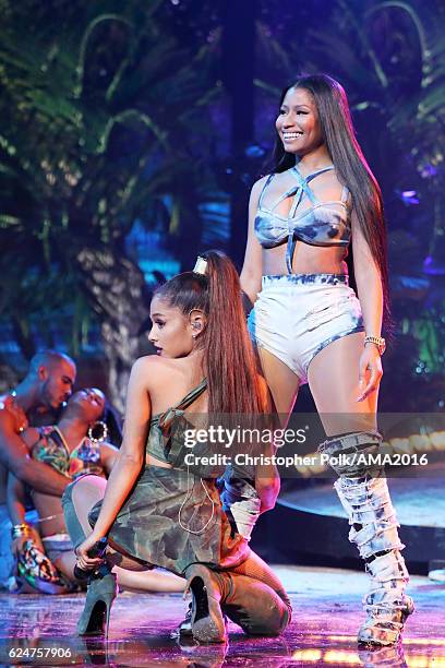Recording artists Ariana Grande and Nicki Minaj perform onstage the 2016 American Music Awards at Microsoft Theater on November 20, 2016 in Los...