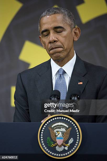 President Barack Obama speaks during a news conference at the Asia-Pacific Economic Cooperation 2016 CEO Summit on November 20, 2016 in Lima, Peru.