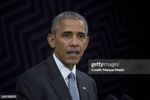 President Barack Obama speaks during a news conference at the Asia-Pacific Economic Cooperation 2016 CEO Summit on November 20, 2016 in Lima, Peru.