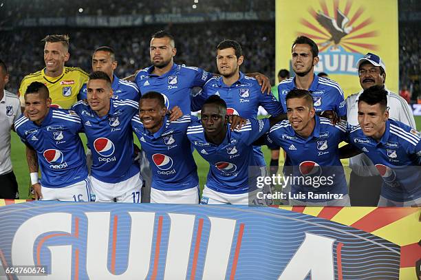 Players of Millonarios pose for a team photo prior to a match between Millonarios and Independiente Medellin as part of round 20 of Liga Aguila II...