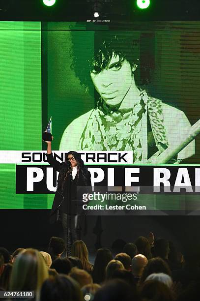 Tyka Nelson, accepts the award for Favorite Soundtrack, for Purple Rain, on behalf of Prince onstage at the 2016 American Music Awards at Microsoft...