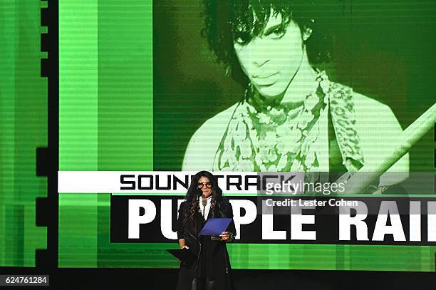 Tyka Nelson, accepts the award for Favorite Soundtrack, for Purple Rain, on behalf of Prince onstage at the 2016 American Music Awards at Microsoft...