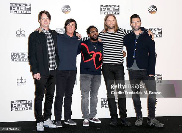 Musicians Mickey Madden, Matt Flynn, PJ Morton, James Valentine and Adam Levine of Maroon 5 pose in the press room during the 2016 American Music...