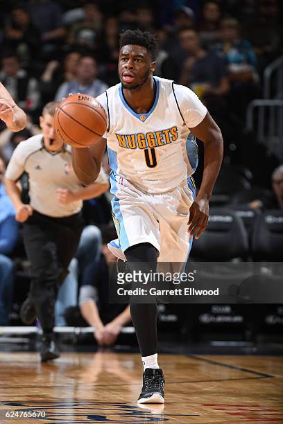 Emmanuel Mudiay of the Denver Nuggets handles the ball against the Utah Jazz on November 20, 2016 at the Pepsi Center in Denver, Colorado. NOTE TO...